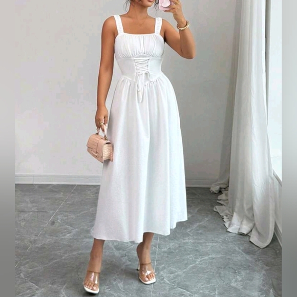 Dresses & Skirts - Women's Elegant Solid Color Waist Fit Mid-Length Dress